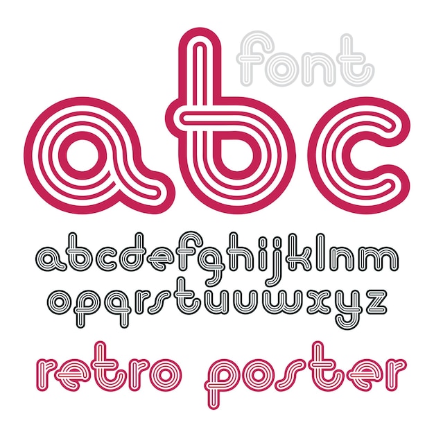 Vector kleine letters funky disco alfabet letters ingesteld. Trendy lettertype, typoscript voor gebruik bij het maken van logo's. Gemaakt met geometrische driedubbele strepen.