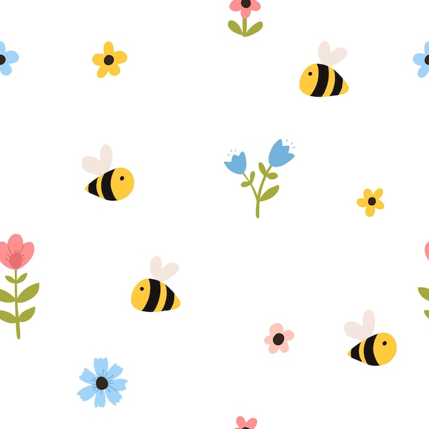 Vector kleur handgetekende kinderen schattig Pasen naadloze patroon met bijen en bloemen in Scandinavische stijl Pasen kleurrijke set Doodle cartoon lente achtergrond vrolijk pasen