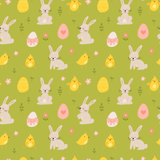 Vector kleur handgetekende kinderen schattig pasen naadloze patroon met kippen bunny paaseieren bloemen in scandinavische stijl Pasen kleurrijke set doodle cartoon lente achtergrond vrolijk pasen