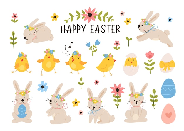 Vector kleur handgetekende kinderen schattig Pasen set met bunny chick en paaseieren bloemen in Scandinavische stijl op een witte achtergrond Paasset Lente vrolijk pasen