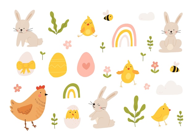 Vector kleur handgetekende kinderen schattig Pasen set met kippen bunny paaseieren bloemen in Scandinavische stijl op een witte achtergrond Paasset Lente vrolijk pasen