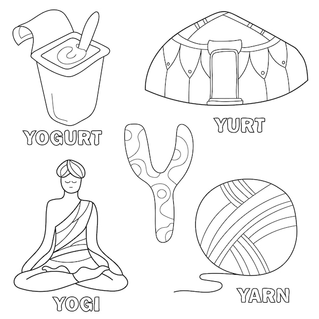 Vector kleurboek alfabet. educatief spel voor kinderen. letter y. garen yogi, yurt, yoghurt