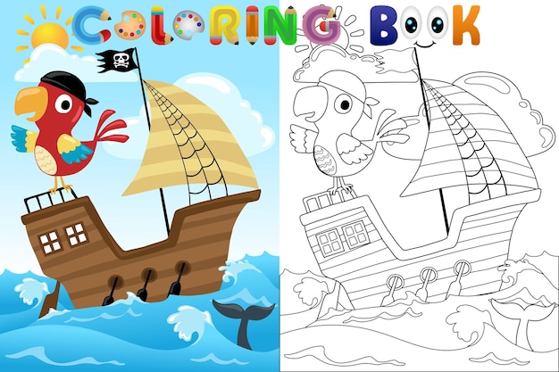 Vector vector kleurboek met cartoon papegaai piraat op zeilboot