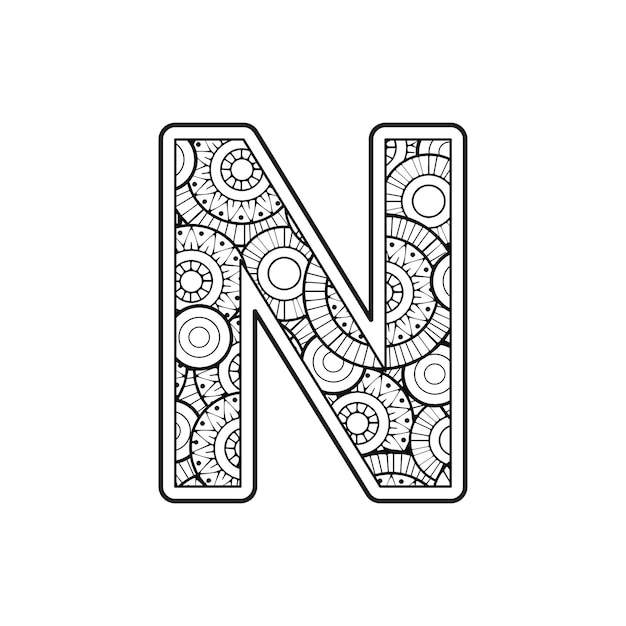 Vector kleurplaat voor volwassenen contour zwart-wit hoofdletter n op een mandala-achtergrond