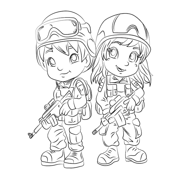 Vector kleurplaat vrolijk klein meisje en jongen soldaten