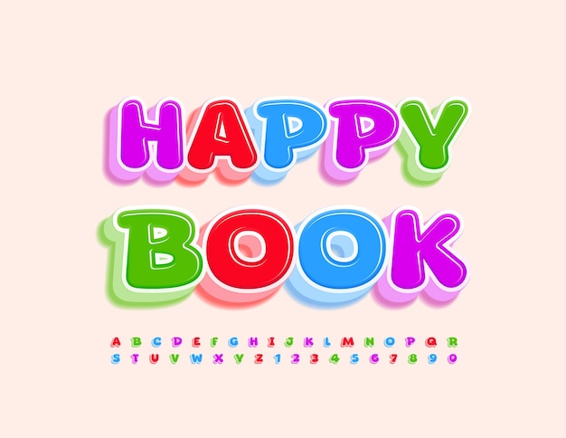 Vector kleurrijke embleem gelukkig boek. Kinderen helder 3D-lettertype. Creatieve alfabetletters en cijfers set