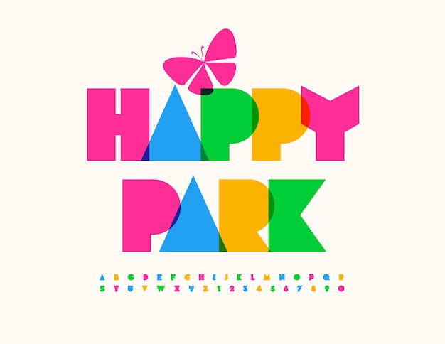 Vector kleurrijke embleem happy park. grappige kinderen lettertype. creatieve alfabetletters en cijfers set