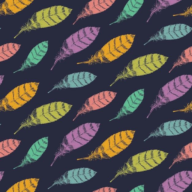 Vector kleurrijke naadloze veer patroon in schets stijl. Hand tekenen verenkleed eindeloze textuur.