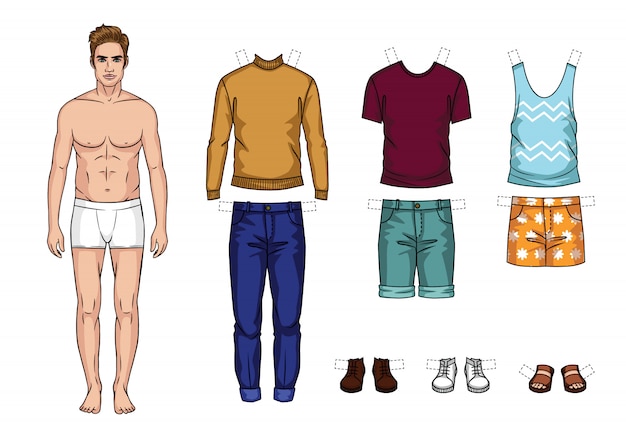 Vector vector kleurrijke set van modieuze mannen outfits geïsoleerd. cartoon stijl kerel papieren pop met zomer kleding