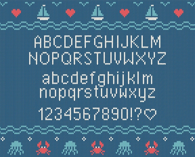 Vector knitted latin alphabet on sea theme patterns background Sea font with woolen knitted texture