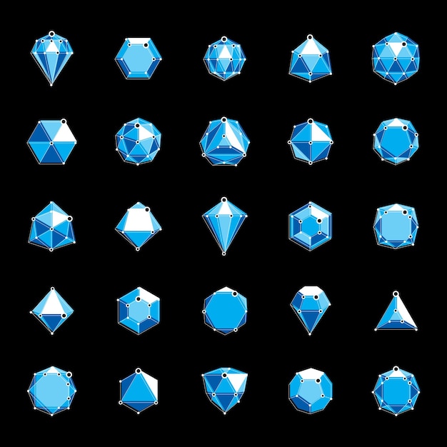 Vector kostbare decoratieve elementen, veelhoekig. Set van vector dimensionale wireframe lage poly objecten. Technologie 3d mesh elementen collectie.