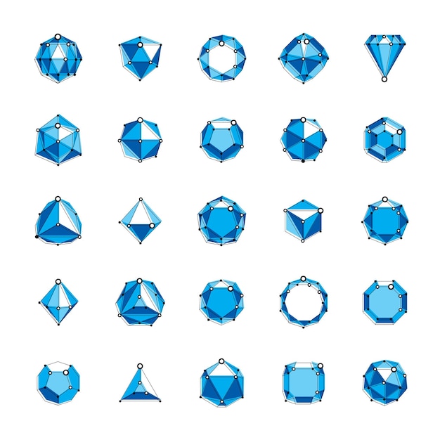 Vector kostbare decoratieve elementen, veelhoekig. Set van vector dimensionale wireframe lage poly objecten. Technologie 3d mesh elementen collectie.