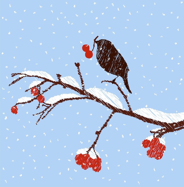 Vector krabbel tekening van mus zittend op rowan tak op besneeuwde winterdag