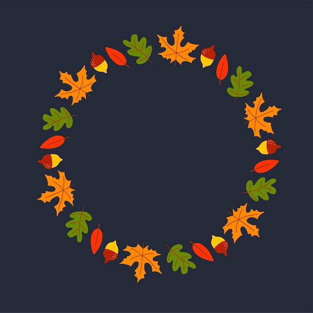 Vector krans van herfstbladeren en fruit in aquarel stijl. Mooie ronde krans van gele en rode bladeren, eikels, bessen, kegels en takken. Decor voor uitnodigingen, wenskaarten, posters.