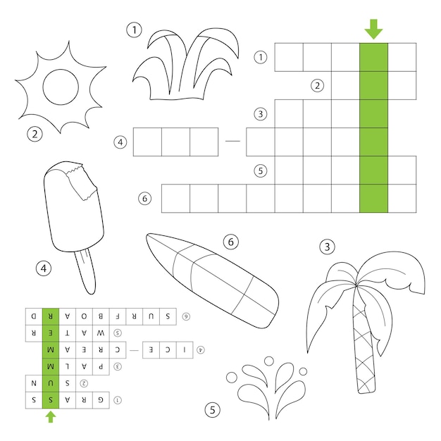 Vector vector kruiswoordraadsel voor kinderen. thema zomer. zomerse dingen. kleurboek voor kinderen van voorschoolse en schoolgaande leeftijd. met het antwoord.