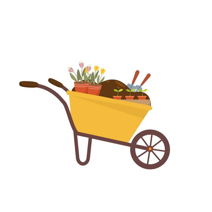 Vector vector kruiwagen of tuin kar met aarde en plant, tools geïsoleerd op een witte achtergrond. plat ontwerp