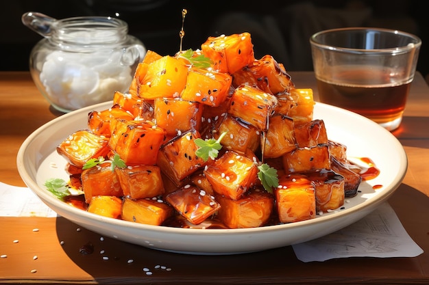 Vector kunst illustratie gebakken tofu met witte sesam en teriyakisaus veganistisch en vegetarisch eten