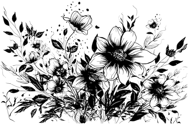Vector kunst illustratie tekening van een frame van linnen bloemen op een zwart-witte achtergrond