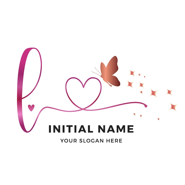 Vettore disegno del logo iniziale vector l logo pink butterfly boutique di bellezza con logo glitter oro