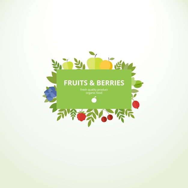 벡터 신선한 과일과 열매가 포함된 벡터 라벨 또는 배너 개념 유기농 제품