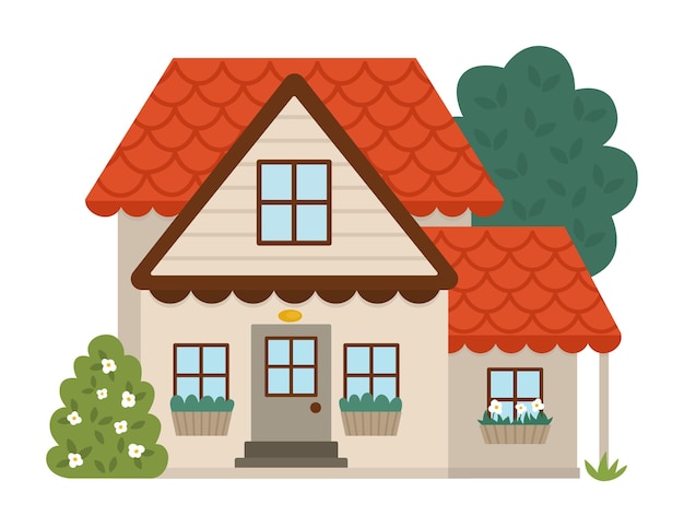 Vector landhuis pictogram geïsoleerd op witte achtergrond Platte boerderij cottage illustratie Schattig rood overdekt houten huis met bush windows bomen Plattelands- of tuinlandschap