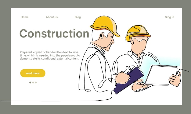 Vector landing page of architecture works with protective face masks for safety in machine industria