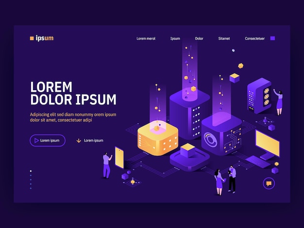 Vector landing page of Isometric Tech concept Huge blocks with computer microchips or electronic schemes people work on product development process maintenance Character illustration of banner