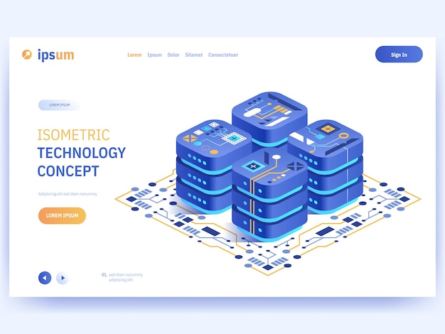 Vector landing page of Isometric Technology concept Parts of hardware computer microchips or electronic circuits Illustration of development and optimization process maintenance programming