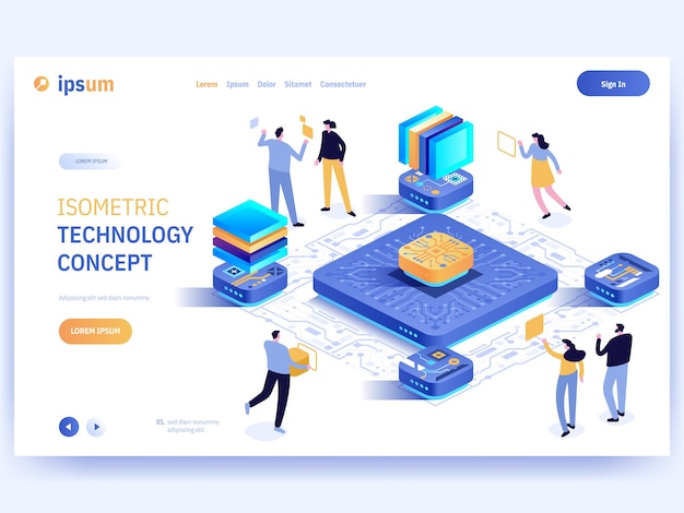 Vector landing page of Isometric Technology concept Team of engineer working at parts of hardware computer microchips or electronic circuits optimization process maintenance Character illustration