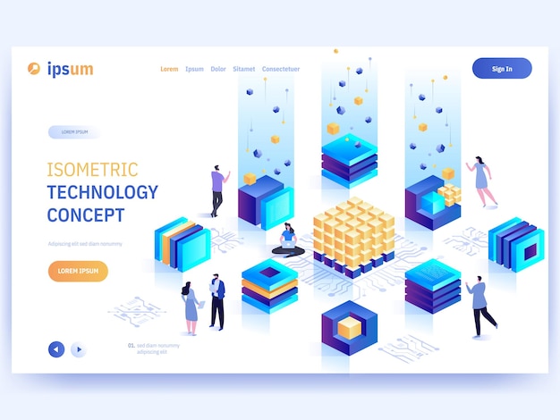 Vector landing page of Isometric Technology concept Teamwork cooperation programmers and developers working connected by internet software and hardware development Character banner illustration