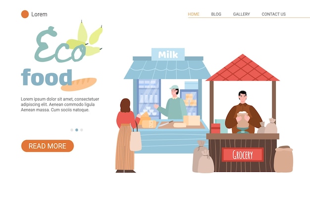 Vector landing page template for local street market with fresh farm eco food