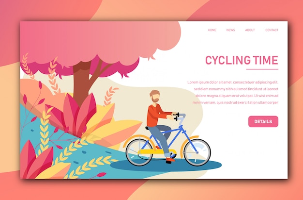 Vector landing page tepmplate con il giovane in bicicletta una bicicletta