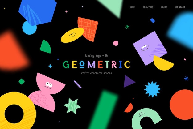 Vector landing page with character geometric figures on black background