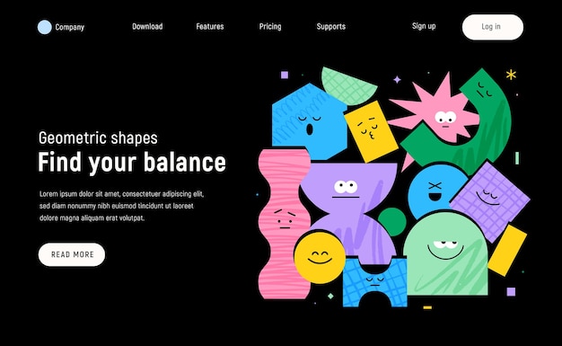 vector landing page with character geometric figures on black background