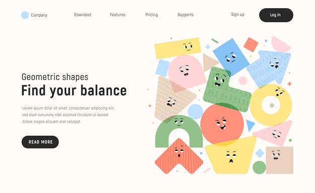 白い背景の上の文字の幾何学的図形とベクトルのランディングページ
