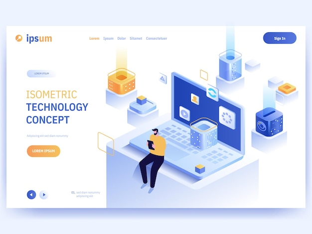 Vector landingspagina van isometrisch technologieconcept Projectmanager analyseert statistische gegevens zet online werk op communiceert beheert de ontwikkeling van producten of diensten karakterillustratie