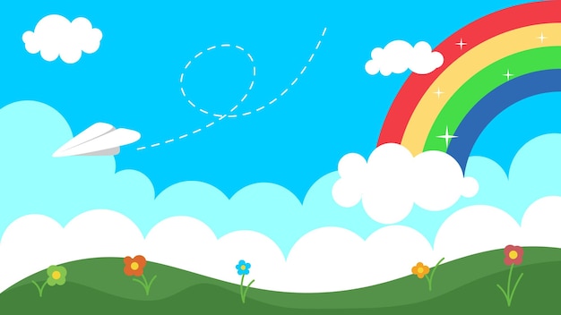 Vector Landscape Of Hills Rainbows And Vector Paper Planes For Children