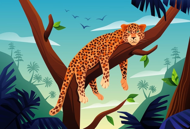 Vettore il leopardo del paesaggio vettoriale si trova su un albero