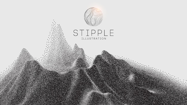 Vector landscape of mountain in dotwork style Stipple illustration design Old retro dot texture vintage gradient Pointillism graphic Grain terrain wallpaper