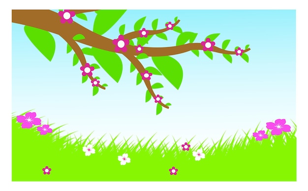 Vector vector landscape spring background with flowers and trees