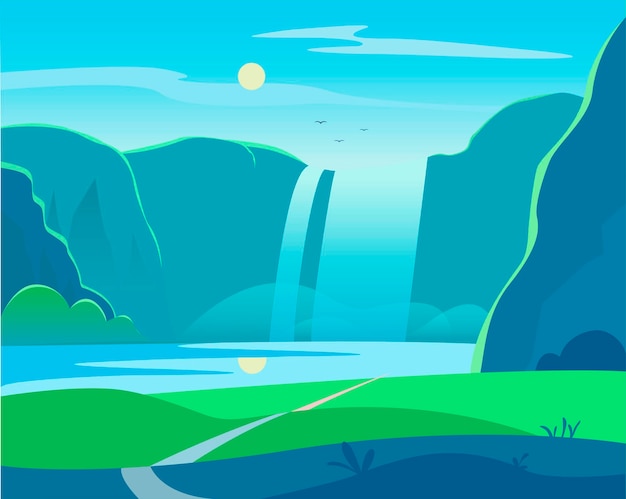 Vector landscape of a waterfall in a flat style wildlife\
mountains evening sky stream