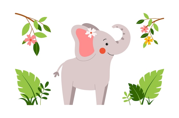 Vector vector landscape with cute baby elephant