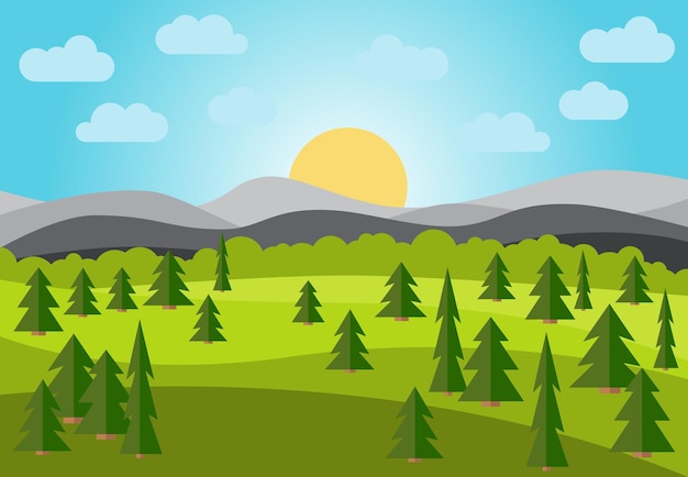 Vector vector landscape with field, trees and mountains. early morning with the rising of the sun on the horizon. vector illustration.