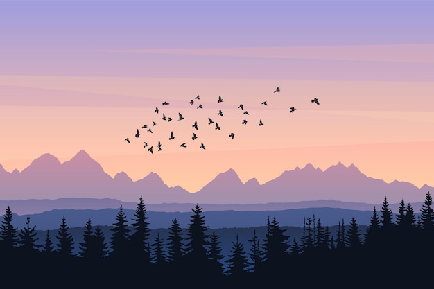 Vector vector landscape with mountains forest and flying birds at sunrise outdoor wild nature environment