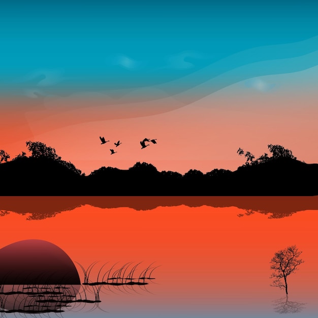 Vector landscape with mountains forest and flying birds at sunrise outdoor wild nature environment