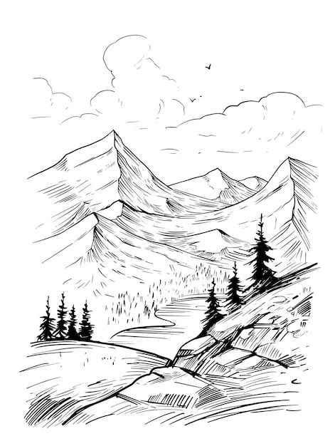 Vector landscape with mountains, lake, trees. Hand drawn sketch illustration