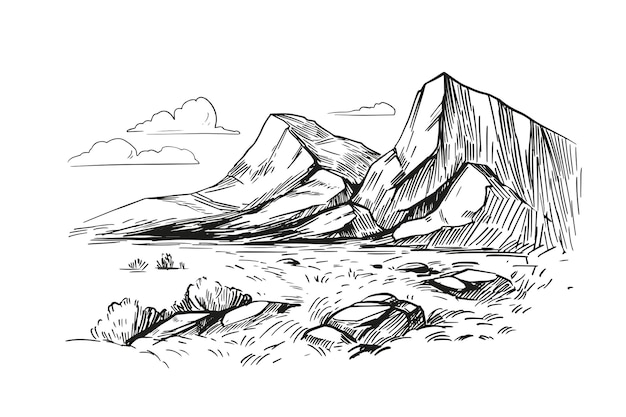 Paesaggio vettoriale con montagne, lago, alberi. illustrazione di schizzo disegnato a mano