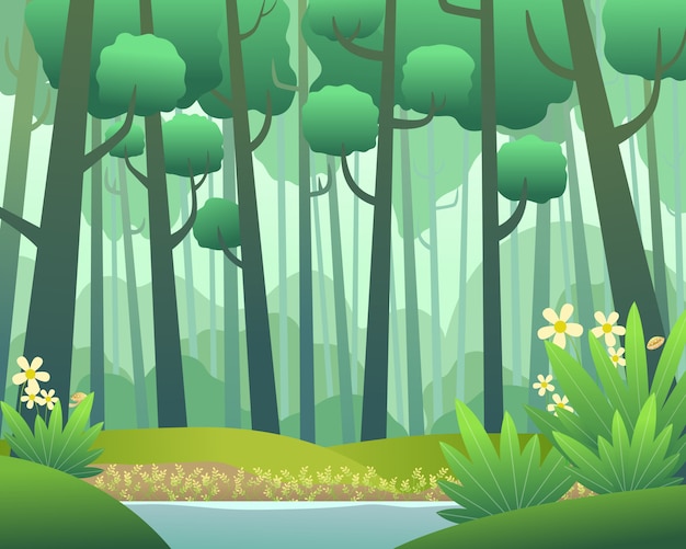 Векторный пейзаж с сосновым лесом весной