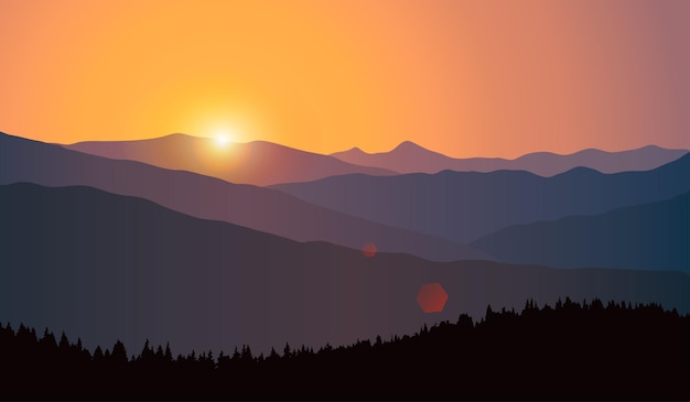 Vector landscape with silhouettes of mountains and forest at sunrise Nature reserve hills trees