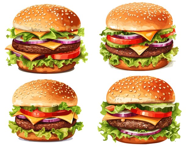 Vector large hamburger with lettuce tomato and cheese set